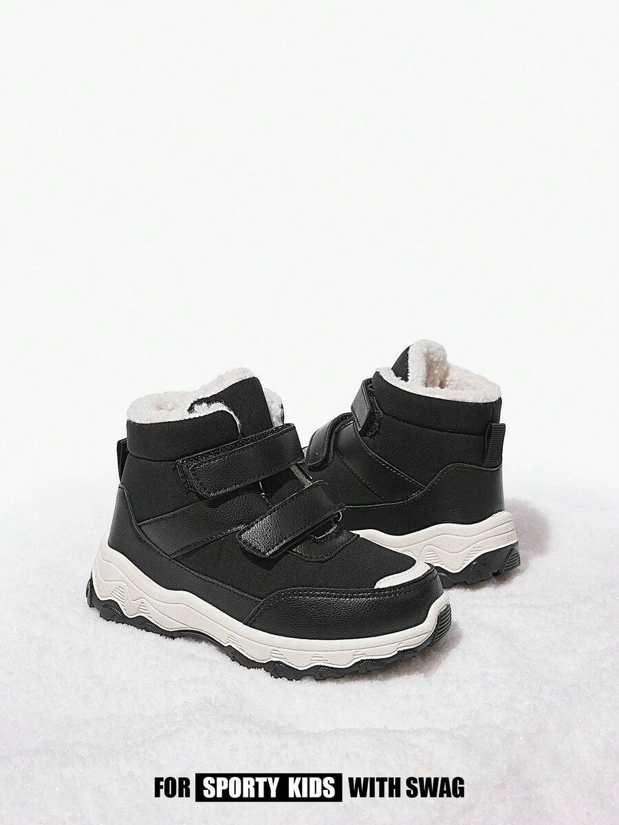 JNSQ 1 Paar Jungen Schwarze Klettverschluss Flache Lässig Bequeme Warme Fleece Schneestiefel, geeignet für winterliche Outdoor-Aktivitäten im Alltag