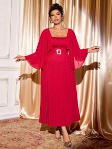 Cravure Christmas Ruffle Sleeve Pleated Flare Dress - Red - View 4