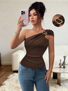 Selianne Damen Retro Mode gerafftes asymmetrisches Crop Top mit Metallschnallen Dekor, strukturiertes Braun, vielseitig tragbar für den Unabhängigkeitstag - Braun - Übersicht 1