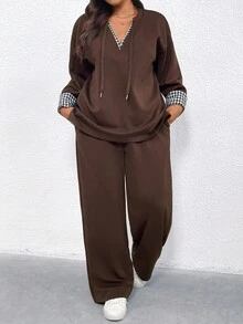 Juhart Plus-Size Women's Knitted Casual Vacation Autumn Two Pieces Set - Coffee Brown - View 3