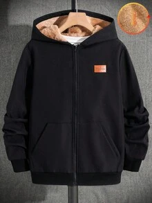 SHEIN 儿童/青少年男童休闲皮革贴片连帽拉链厚针织夹克，红色和黑色，适合通勤、上学、日常、度假、运动、春季、夏季、秋季、冬季 - 黑色 - 查看 3