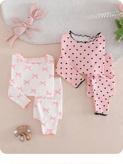 4pcs Tight  Baby Girl Cute Cat Pattern Ruffle Trim Round Neck Long Sleeve Top And Pants Soft Comfortable Homewear Pajama Set Baby Girl Printed Rompers Baby Clothes Girl Pajama Set Baby Girl Casual Sets Newborn Baby Girl Pjs Baby 2 Piece Set Fall Winter