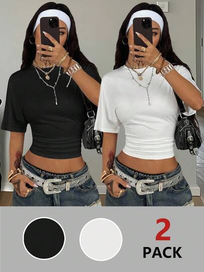 Coolane Women's All-Season Minimalist Y2K Basic Daily Wear Casual Back To School Streetwear Stretchy White Loose Ruched Crop Tees White And Black Two Pieces Outfits