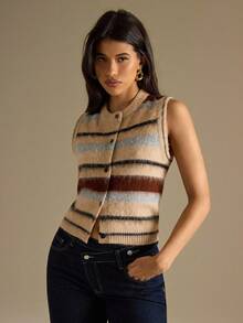SHEIN BAE Women's Casual Striped Single-Breasted Knitted Vest,Fall Clothes For Women,Halloween,Winter Clothes For Women,Going Out Tops For Women,Back To School,Work Outfits For Women,Apricot Striped Vest Cardigan,Halloween,Halloween Clothes Women,Winter Clothes Women,Fall Sweaters,Fall Clothes For Women,Fall Fashion,Cropped Sweater,Cute Sweater,