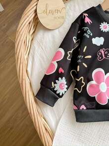 Babygirl Loose Casual Crew Neck Cartoon Graphic Soft Minimalist Pullover Sweatshirt Fall Winter - Black - View 5