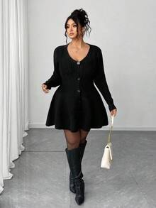 Elenzga Plus Size Women Casual Solid Color Cinched Waist Cardigan, Autumn/Winter Fall Cloth , Halloween - Black - View 7