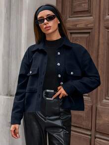 EURMUSE Casual Solid Color Cropped Jacket, Autumn/Winter - Black - View 5