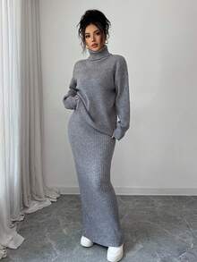 Elenzga 2 件套女士经典罗纹休闲针织毛衣套装，秋冬 - 灰色 - 查看 3