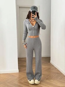 StreetHx Set de 2 piezas: Sudadera con capucha de ajuste ceñido con cremallera y bordado de caballo, y pantalones anchos de pierna acanalada, en estilo casual de uso diario, nuevo para otoño/invierno, en color gris. - Gris - Ver 6