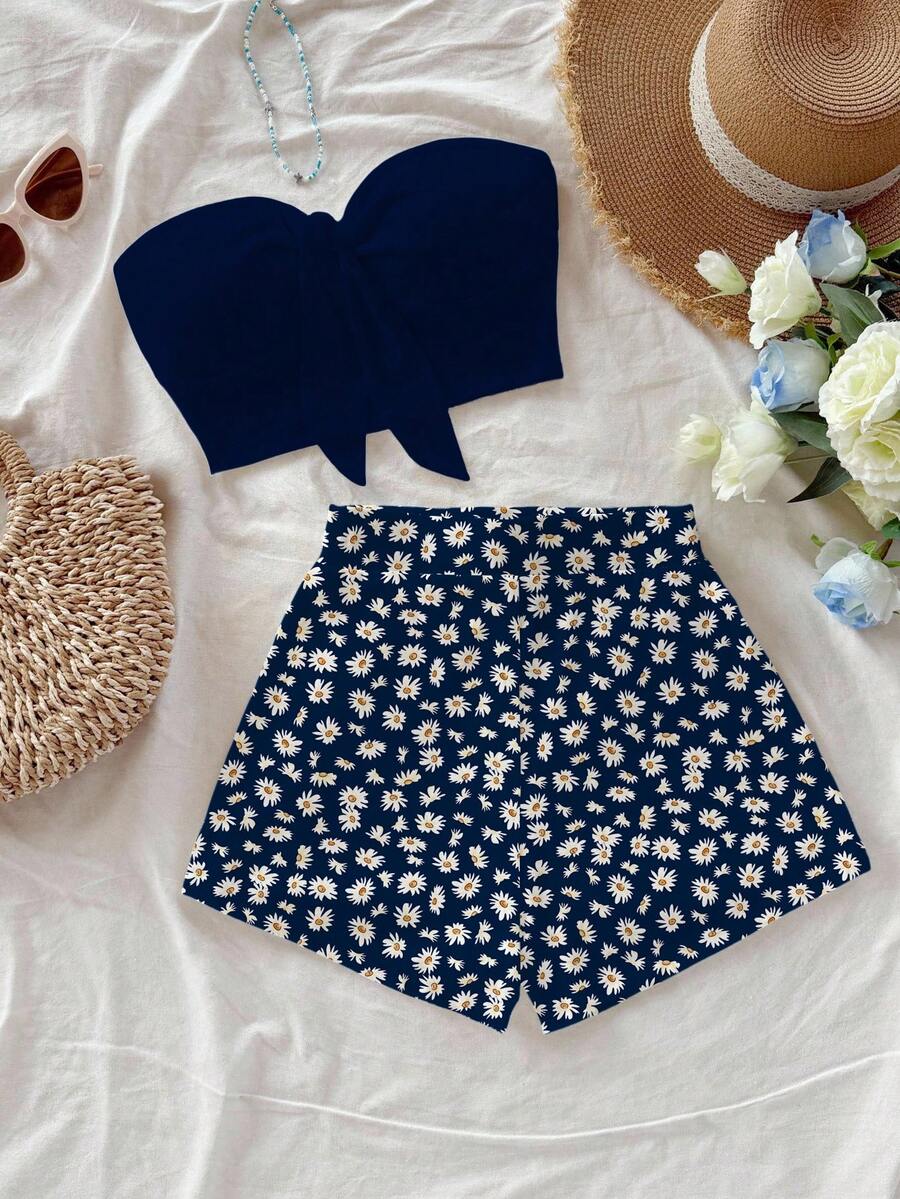 Soleia 2pcs Set Women Casual Minimalist Navy Blue Floral Pattern Outfit, Suitable For Summer Daisy Print Two Pieces Set Vacation Outfits Woman 2 Pieces - Navy Blue - View 1