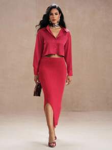 SHEIN Unity 2pcs Set: Knitted Skirt & Thick Fleece Pullover Top, Casual Autumn/Winter Outfit Red Two Pieces Set Red Two Pieces Outfit Women Women 2 Pieces Christmas Clothes Fall Outfit - Red - View 6