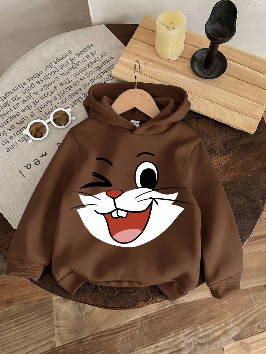 SHEIN Baby Boy Casual Minimalist Cartoon Cat Pattern Loose Knit Soft Hooded Pullover Sweatshirt, Suitable For Autumn - Coffee Brown - View 1