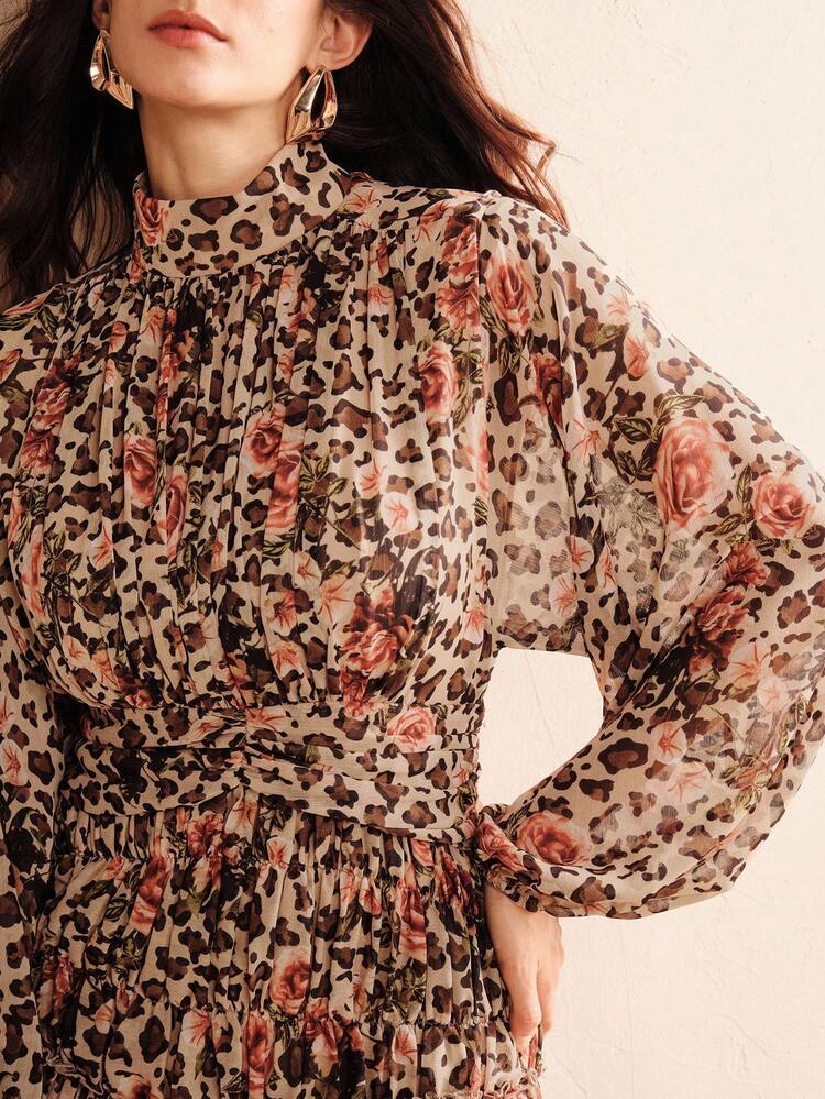 Women's High-End Leopard Print Gradient Vintage Stand Collar Maxi Dress, Elegant, Chic, Suitable For Fall, Autumn, Party, Christmas, New Year