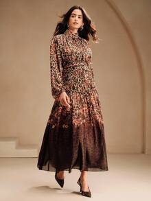 Anewsta Robe longue vintage à col montant avec imprimé léopard dégradé pour femmes, élégante et chic, convient pour l'automne, les fêtes, Noël et le Nouvel An - Marron - Voir 3