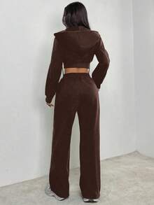 SHEIN PETITE 女士休闲日常通勤运动简约纯色拉链抽绳连帽短款运动衫和宽松阔腿运动裤套装 - 棕色 - 查看 2