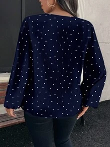 EMERY ROSE Camisa casual de manga larga con cuello redondo y estampado de lunares, adecuada para salidas de primavera y otoño, talla grande - Azul Marino - Ver 2