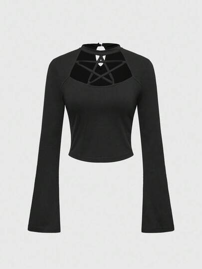 Goth T-shirt ajusté à manches évasées avec laçage frontal et motif pentagramme ajouré, style gothique