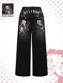 Betty Boop | ROMWE Quần jean ống đứng dáng rộng siêu dài Y2K thêu họa tiết thánh giá và hoa hồng Gothic màu bạc - màu đen - Xem 12