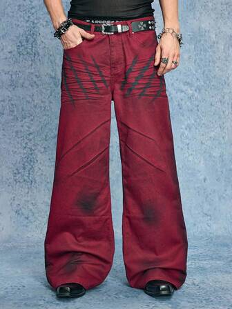 Grunge Punk Jeans larghi e morbidi da uomo con stampa grafica marrone, stile casual da strada, grunge