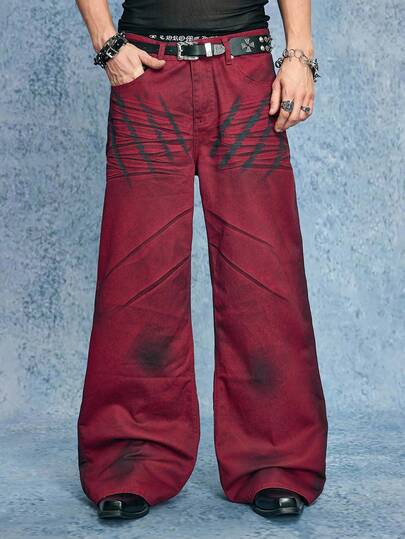 Grunge Punk Herren Lässig Street Bordeaux Grafik Muster Weite Loose-Fit Jeans, Grunge