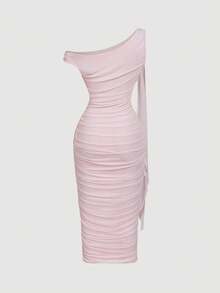 SHEIN MOD Váy midi xếp ly màu trơn thanh lịch cho nữ, vai lệch, mùa hè - Màu Hồng baby - Xem 2