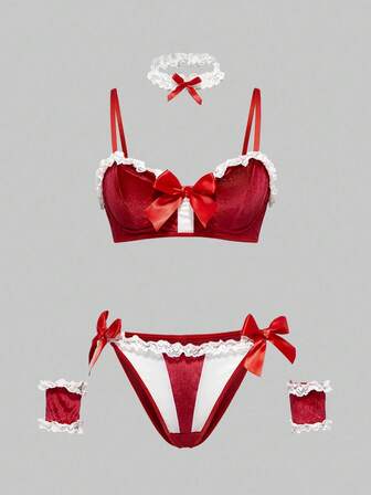 ROMWE Avant 5pcs Women's Christmas Bra, Thong, Collar, Bracelet Intimate Lingerie Set