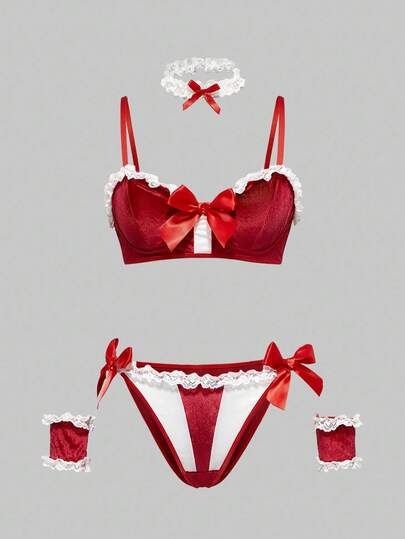 ROMWE Avant 5pcs Women's Christmas Bra, Thong, Collar, Bracelet Intimate Lingerie Set