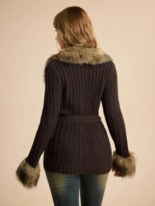 ROMWE EDITION Women's Autumn/Winter Fur Collar Long Sleeve Single-Breasted Fitted Fashionable Knitted Cardigan - Brown - View 3