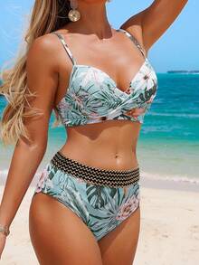 Swim Lushoire Summer Beach Floral Twist Stitch Detail Push Up Bikini - Multicolor - View 5