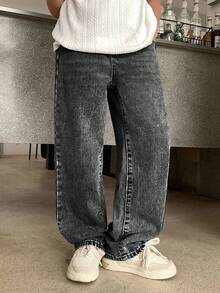 SHEIN Jeans droits décontractés et confortables en denim bleu vintage cool pour garçons, vêtements Y2K pour enfants. Vêtements quotidiens doux pour garçons, vêtements d'automne et d'hiver, tenues de rentrée scolaire, de fête, de festival et de plage, streetwear scolaire, style old money streetwear punk - Noir - Voir 6