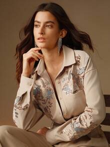 Anewsta 秋季时尚商务休闲女式亮片装饰衬衫 - 杏色 - 查看 3