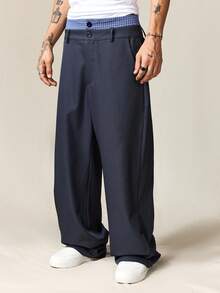 ROMWE MEN Men Prep Waist Patchwork Plaid Pocket Wide Leg Loose Casual Pants, Fall - Multicolor - View 6