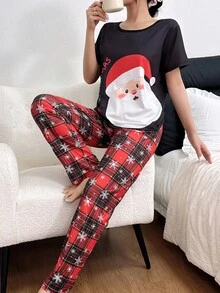 Dream Adore 2pcs Santa Claus Oversized Print Short Sleeve Top & Pants Pajama Set, Christmas - Multicolor - View 7