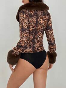 Flirla 1pc Women's Winter Jacket, Brown Patchwork Faux Fur Collar, Rabbit Fur, Deer Suede, Leopard Print, Waist Cinched, Casual & Commute, Slim Fit & Sexy - Brown - View 2