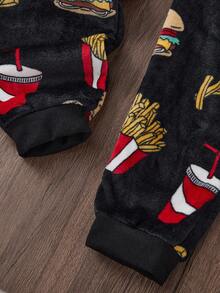 Teenage Boys' Hamburger, Fries And Soda Graphic Plush Hooded Long Sleeve Jumpsuit, Soft Plush Fabric, Casual Streetwear And Loungewear For Winter Holidays,Christmas Clothes