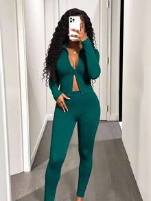 Chiquease Bộ áo thun dài tay cổ khóa kéo màu trơn và quần bó - Màu xanh ngọc - Xem 5