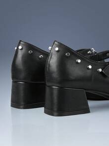 CUCCOO GRLICON 女式铆钉玛丽珍平底鞋，复古交叉带芭蕾舞鞋 - 黑色 - 查看 4