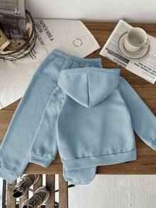 2pcs/Set Young Boy Casual Korean Style Loose Fit Letter Graphic Hoodie Sweatshirt And Elastic Waist Pants Set, Suitable For Autumn, Spring, Outdoor Play, School, Street Style, Party And Leisure,Thanksgiving,Christmas,Winter,Winter Clothes,Cozy Fall & Winter Styles,Hoodie - Baby Blue - View 2
