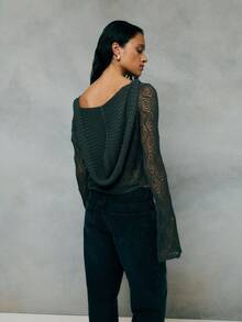 SHEIN Unity Dark Green,Autumn,Chic,Everyday Women's Open-Knit Cropped Cardigan,Vintage Relaxed Fit Button-Up Lightweight Topper,Modern Classic Knitwear For Women - Grey - View 2