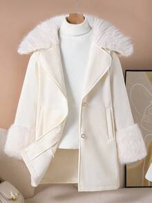 女童简约白色中长款毛领单排扣大衣，适合日常通勤聚会 - 白色 - 查看 3