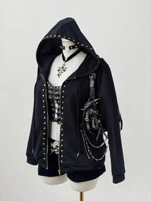 Sunspun Plus Size Fashionable Dark Punk Style Rivet Decor Hooded Long Sleeve Sweatshirt Jacket - Navy Blue - View 5
