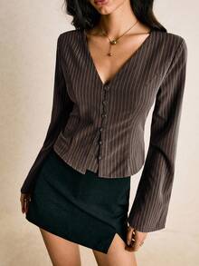Poéselle 女士时尚通勤条纹喇叭袖衬衫 - 咖啡棕 - 查看 3