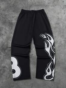 ROMWE MEN Street Life Pantalones de chándal con cordón en la cintura y estampado de llamas de color contrastante para hombres - Negro - Ver 2