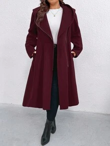 EMERY ROSE 加大码酒红色连帽收腰不对称拉链外套