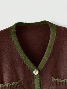 ROMWE Fairycore 女式V领落肩长袖休闲狐狸刺绣针织开衫，秋冬 - 棕色 - 查看 3