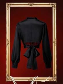 Glisette Women's Black Backless Bowknot Strap Elegant Casual Button Lace Patchwork Sexy Short Black Long Sleeve Satin Blouse - Black - View 8