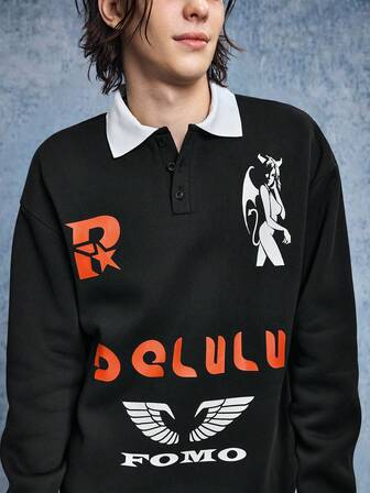 Street Life Camiseta de manga larga con cuello polo, estampado de letras y contraste de colores para hombre, para otoño