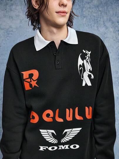 Street Life Men's Contrast Color Polo Collar Letter Print Long Sleeve T-Shirt, For Fall