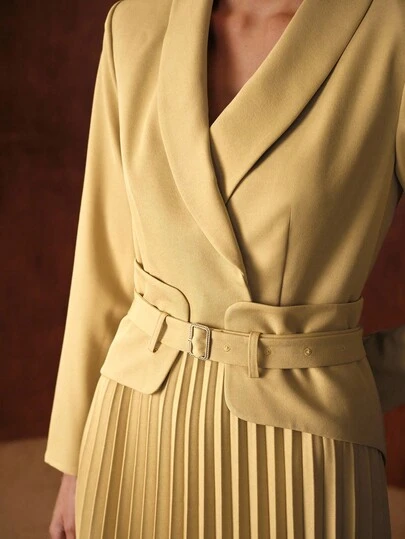 WOMEN'S AUTUMN/WINTER SHAWL COLLAR BELTED PLEATED MID-LENGTH DRESS｜Motf
