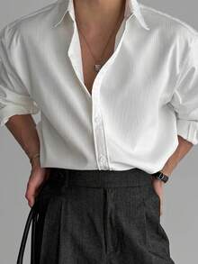 Claim Dot 男士纯色长袖单排扣休闲/商务衬衫 男士白色长袖衬衫 男士翻领衬衫 白色衬衫 - 白色 - 查看 2